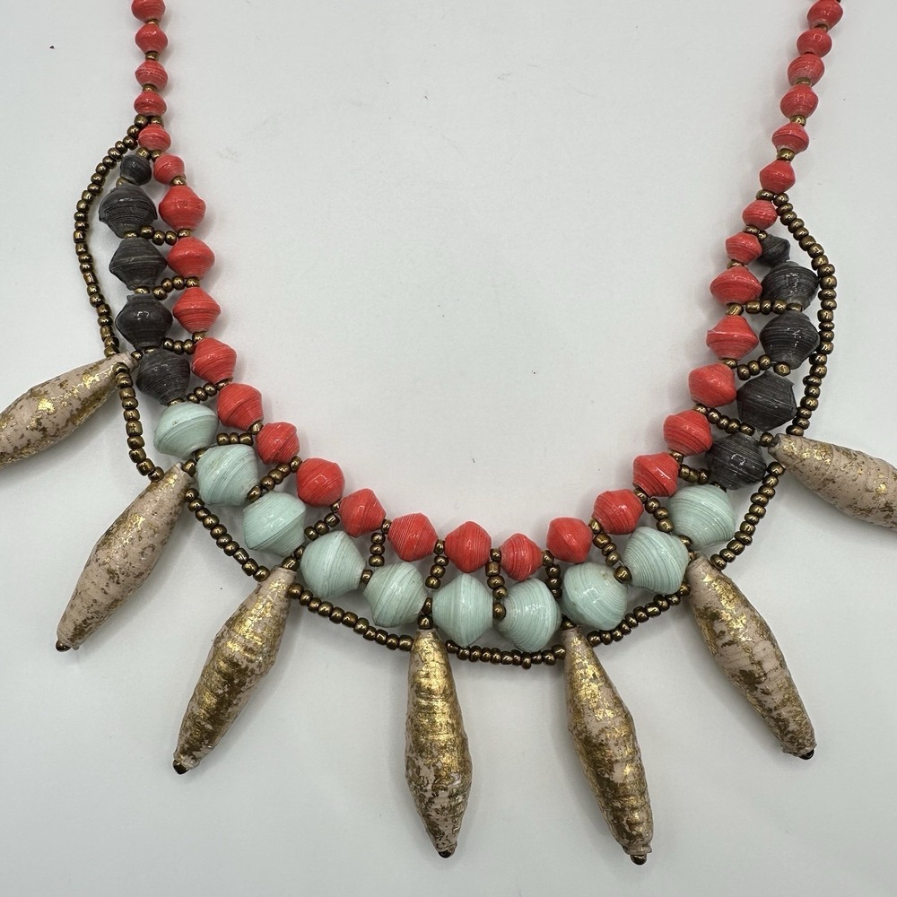 VTG Recycled Paper Bead Necklace Chunky Layered Coral‎ Mint Gold Tribal African - Picture 2 of 8